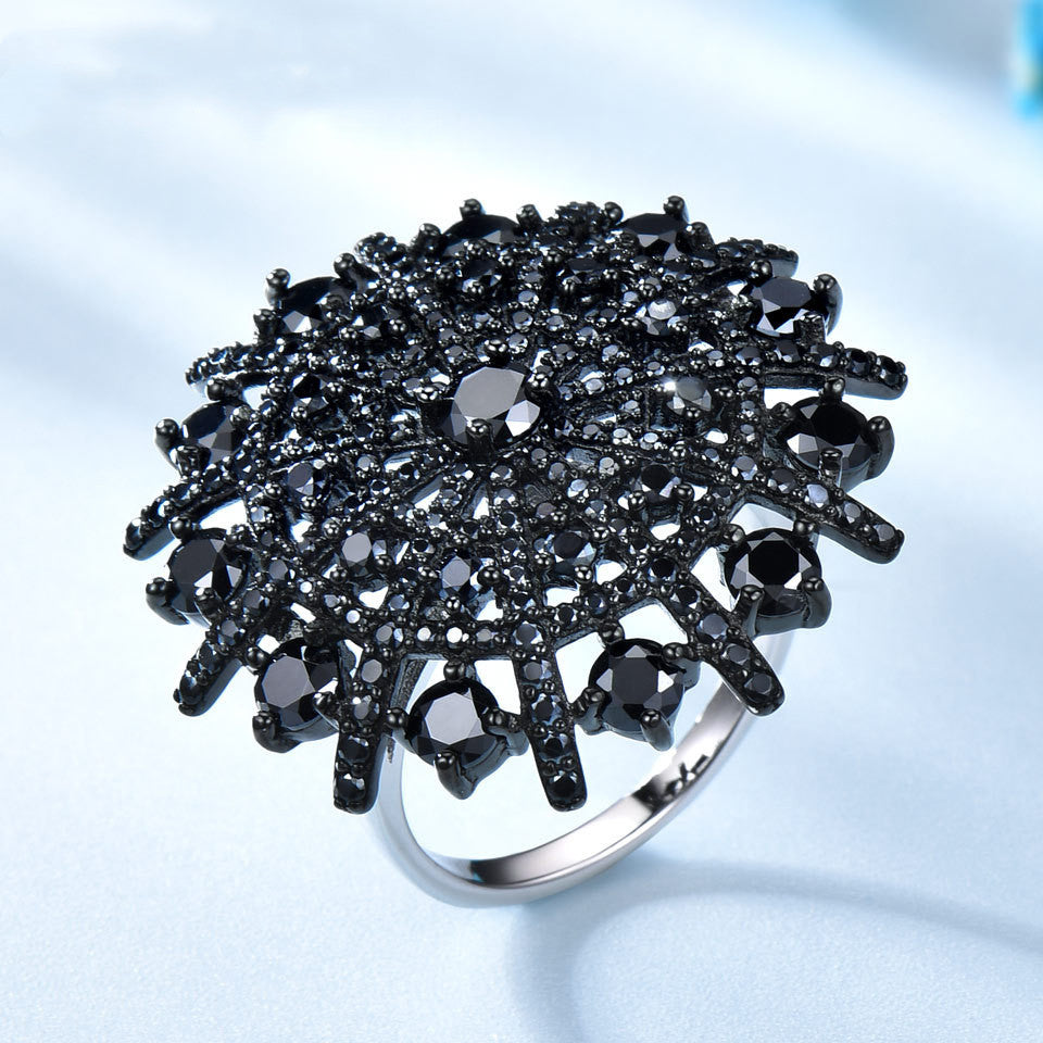 Real 925 Sterling Silver, Nano Gemstone Black Spinel Umbrella Ring