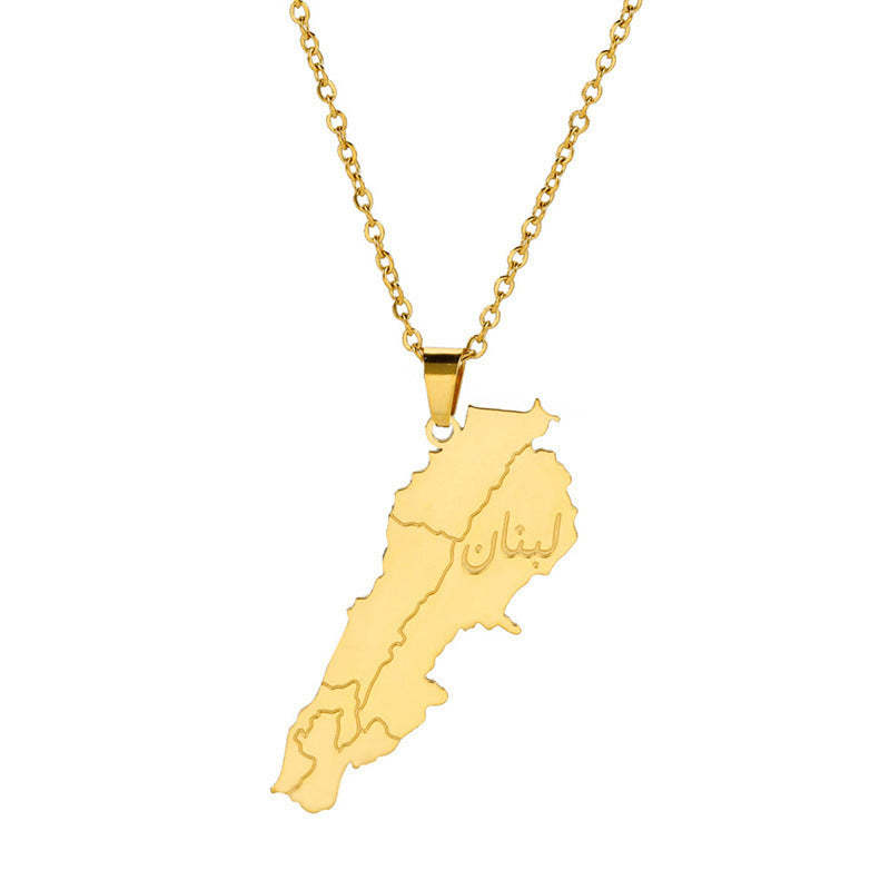 Gold Lebanon map necklace featuring intricate detailing and an elegant chain for stylish accessorizing