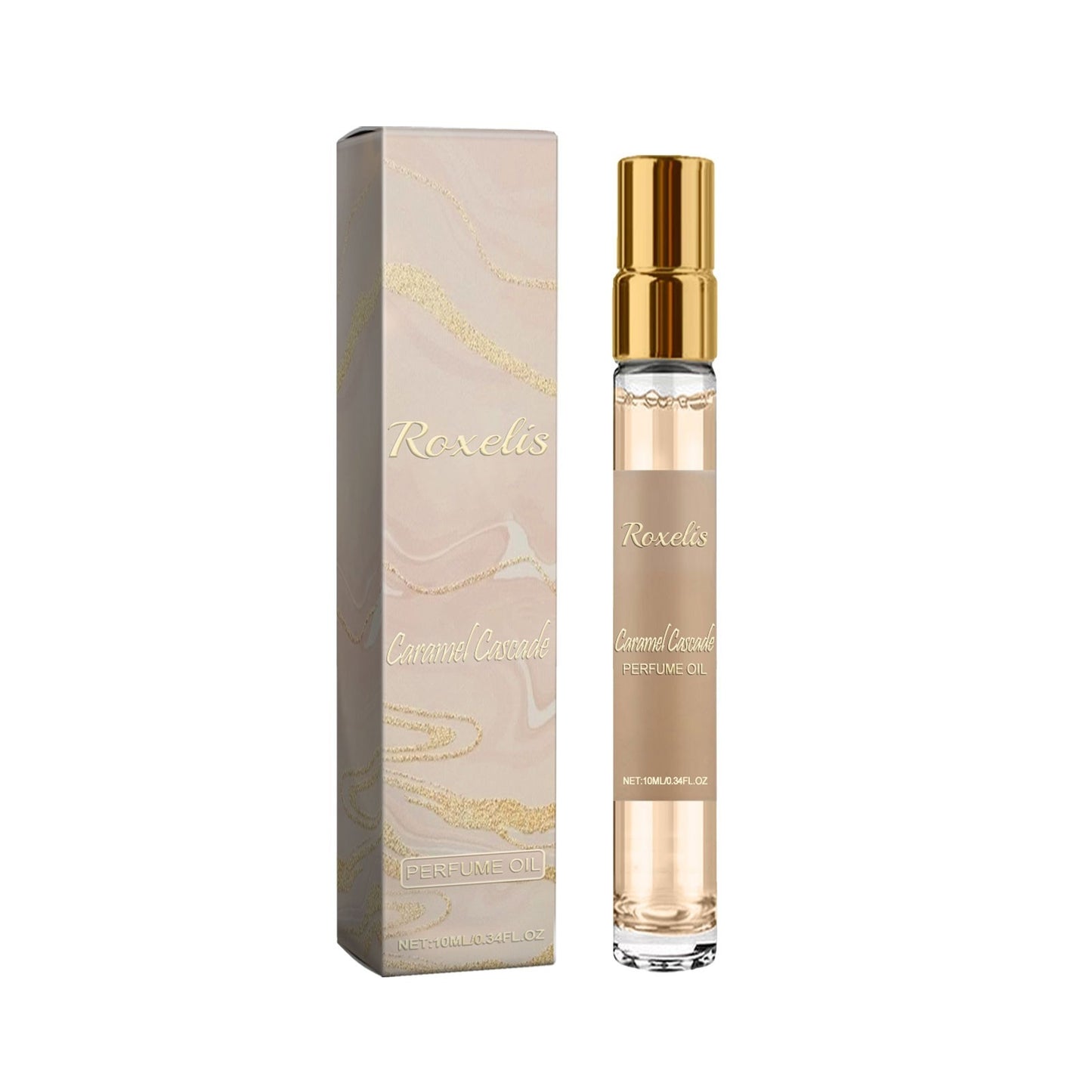 Roxelis Caramel Cascade perfume oil in sleek roll-on bottle with elegant packaging for a sweet scent experience