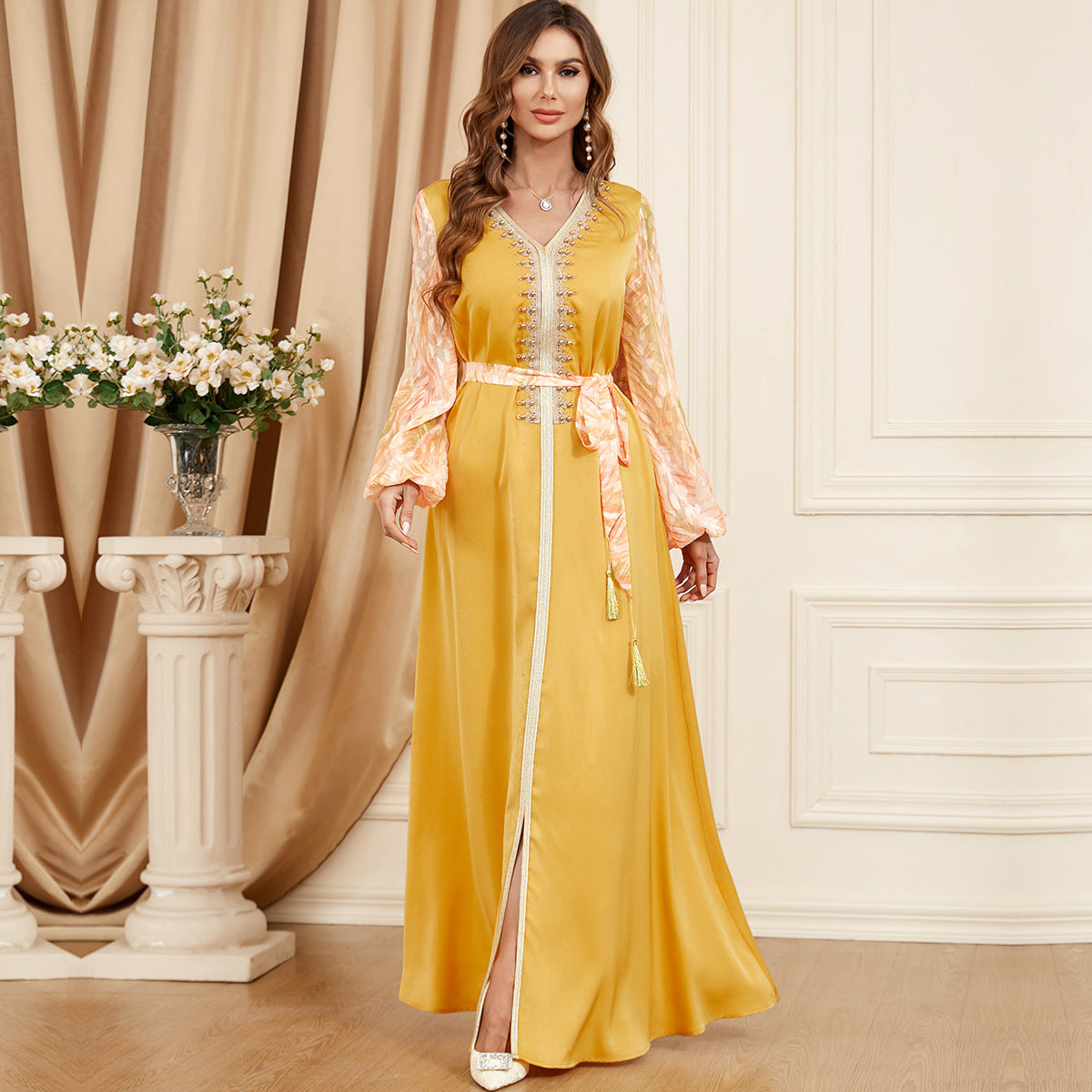 Patchwork Puff Long Sleeve Arabic Dress