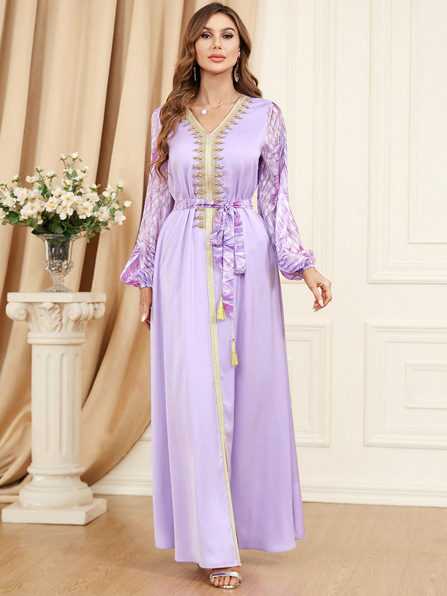 Patchwork Puff Long Sleeve Arabic Dress