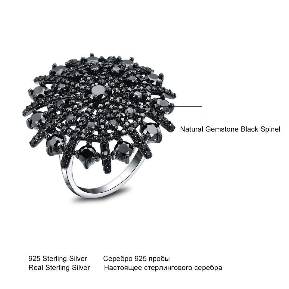 Real 925 Sterling Silver, Nano Gemstone Black Spinel Umbrella Ring