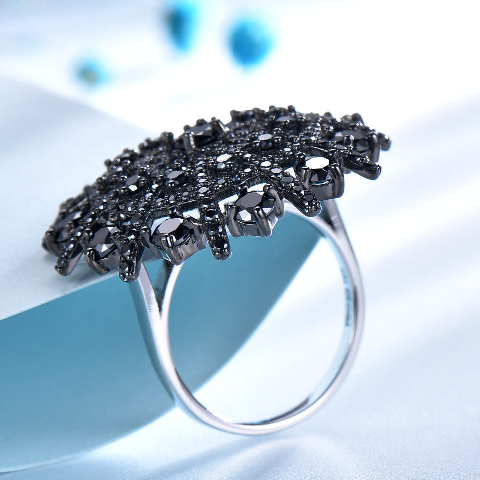 Real 925 Sterling Silver, Nano Gemstone Black Spinel Umbrella Ring