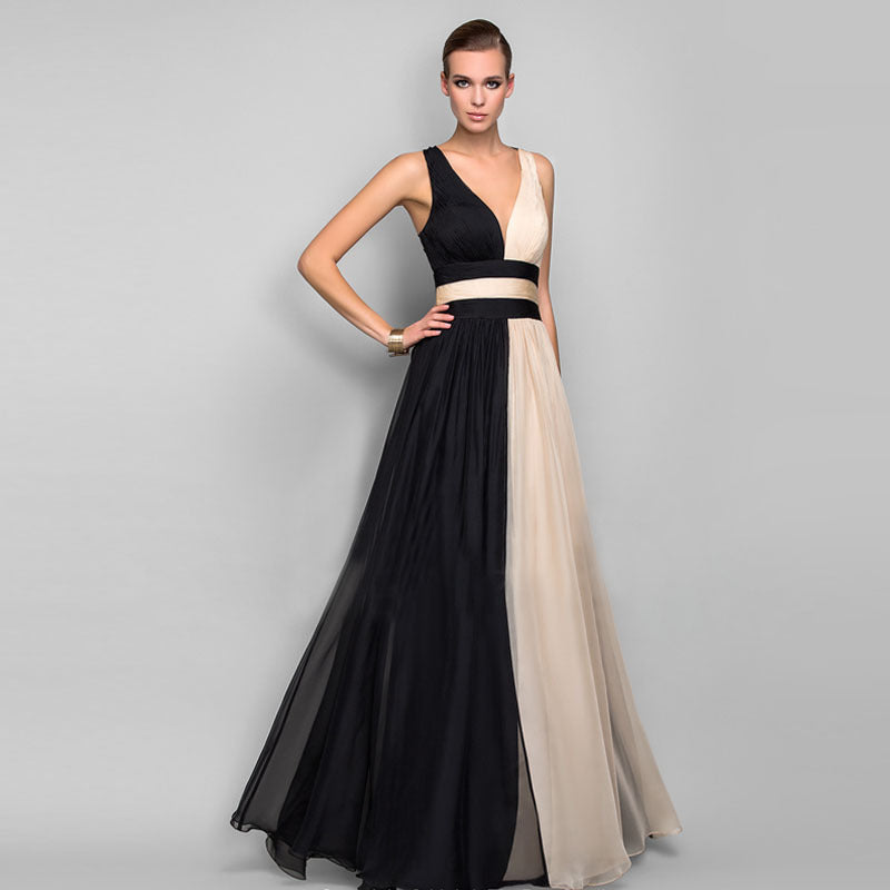 V-neck backless color dress skirt long dress