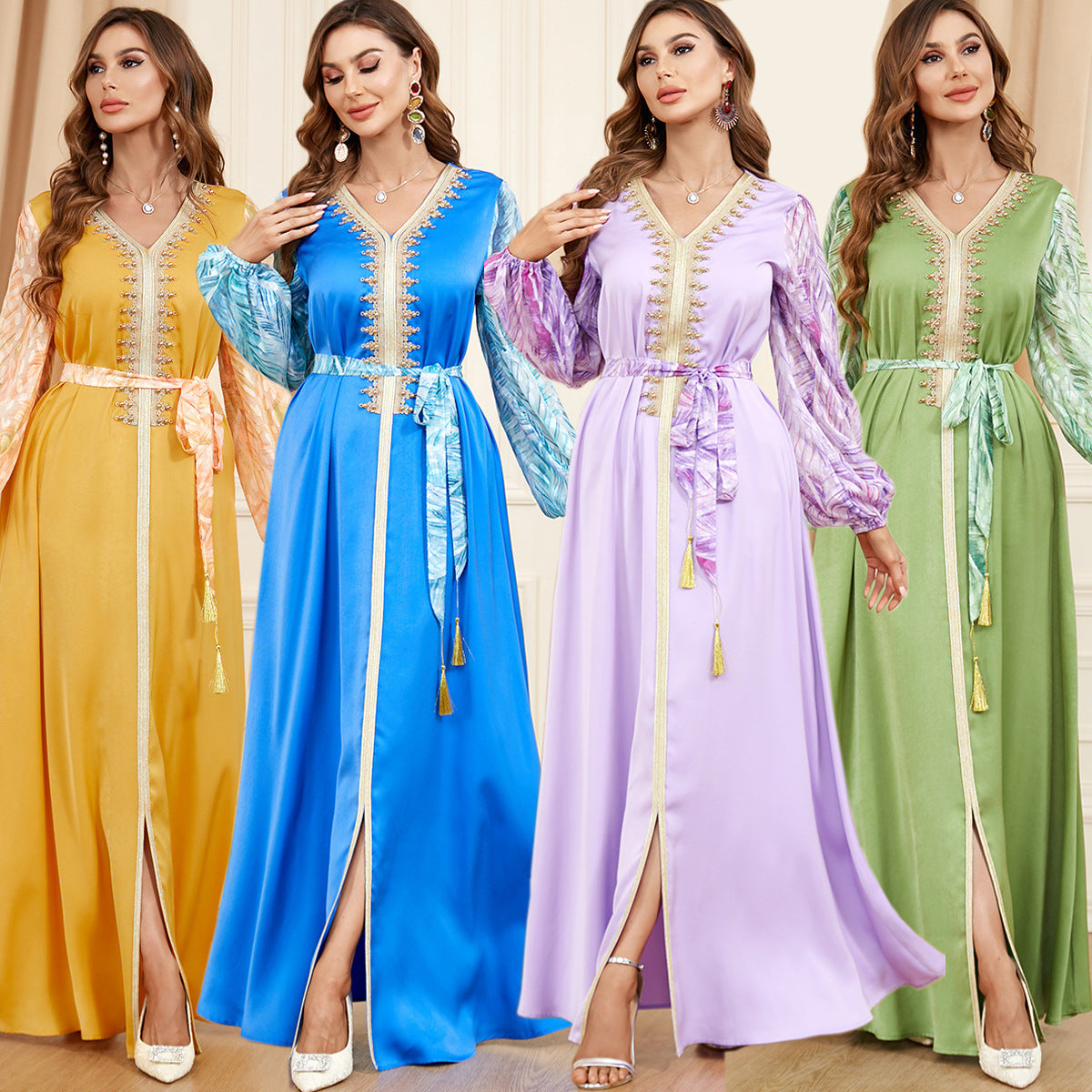 Patchwork Puff Long Sleeve Arabic Dress