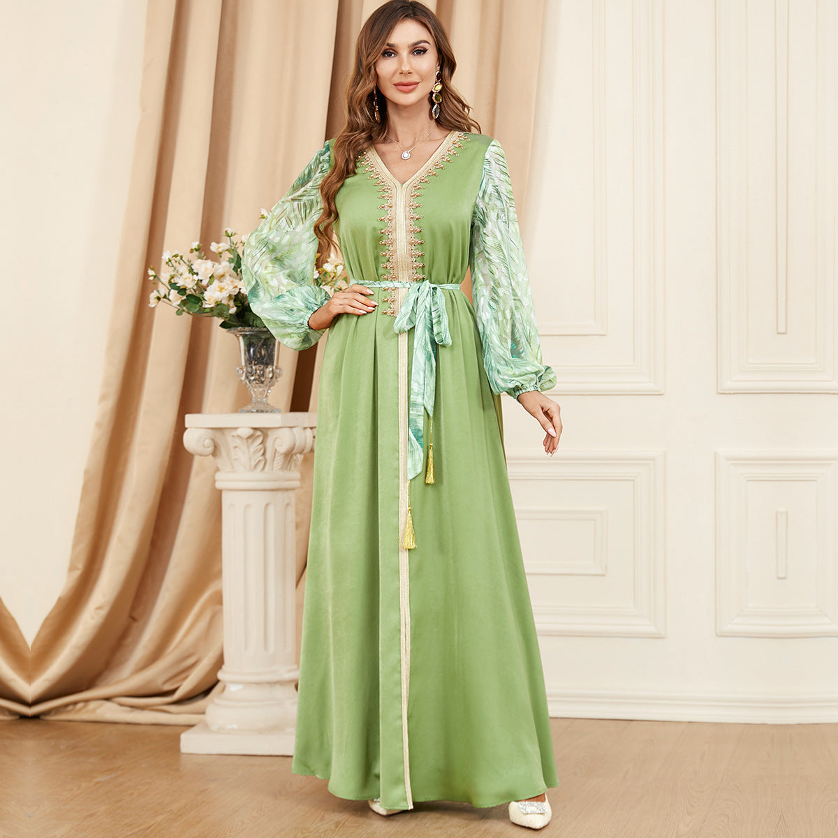 Patchwork Puff Long Sleeve Arabic Dress