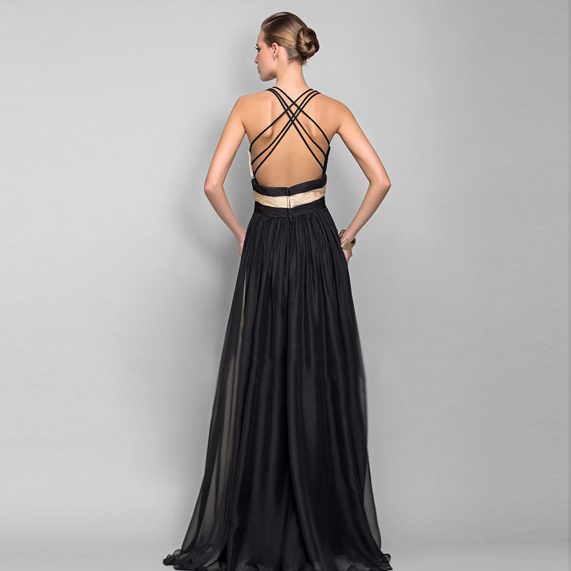 V-neck backless color dress skirt long dress