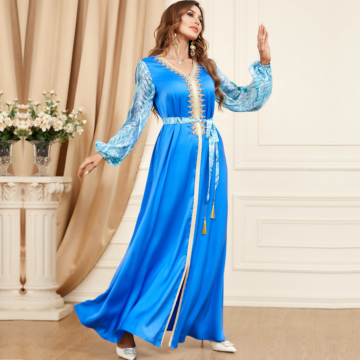 Patchwork Puff Long Sleeve Arabic Dress