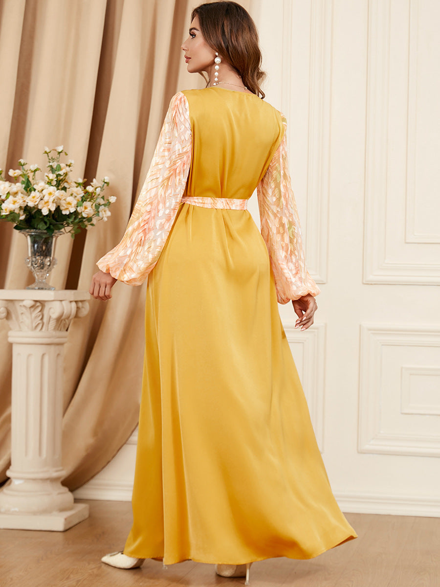 Patchwork Puff Long Sleeve Arabic Dress