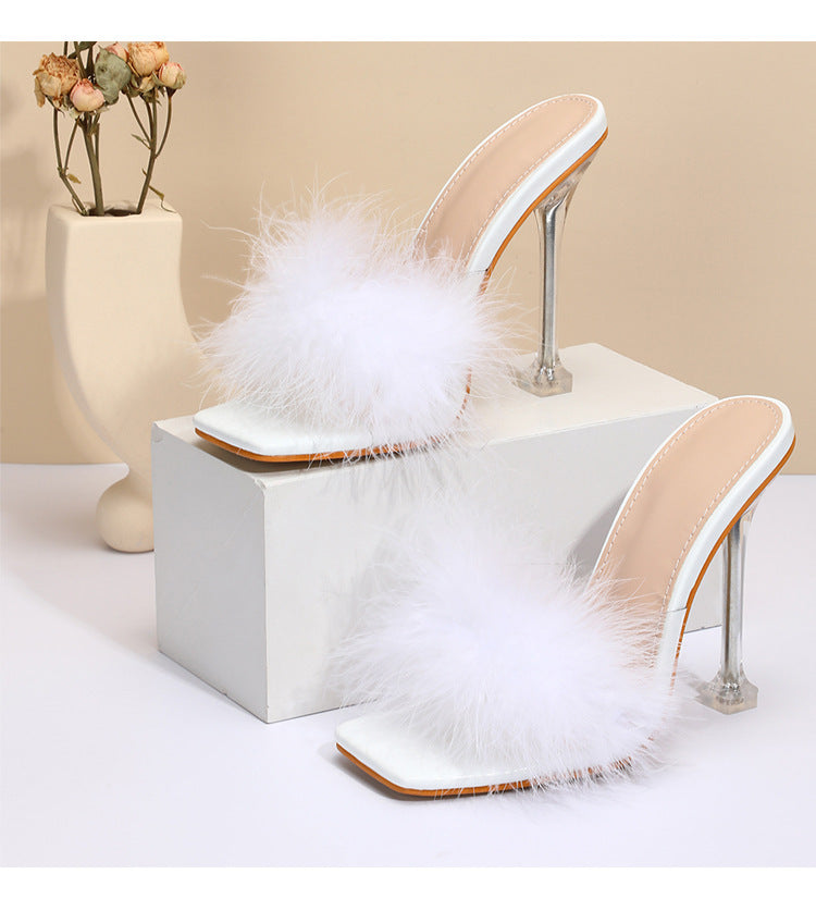 Furry Transparent Broadband Crystal Heel Stiletto