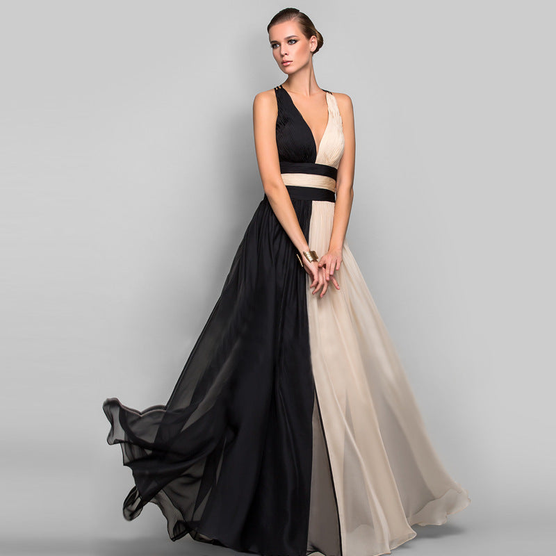 V-neck backless color dress skirt long dress