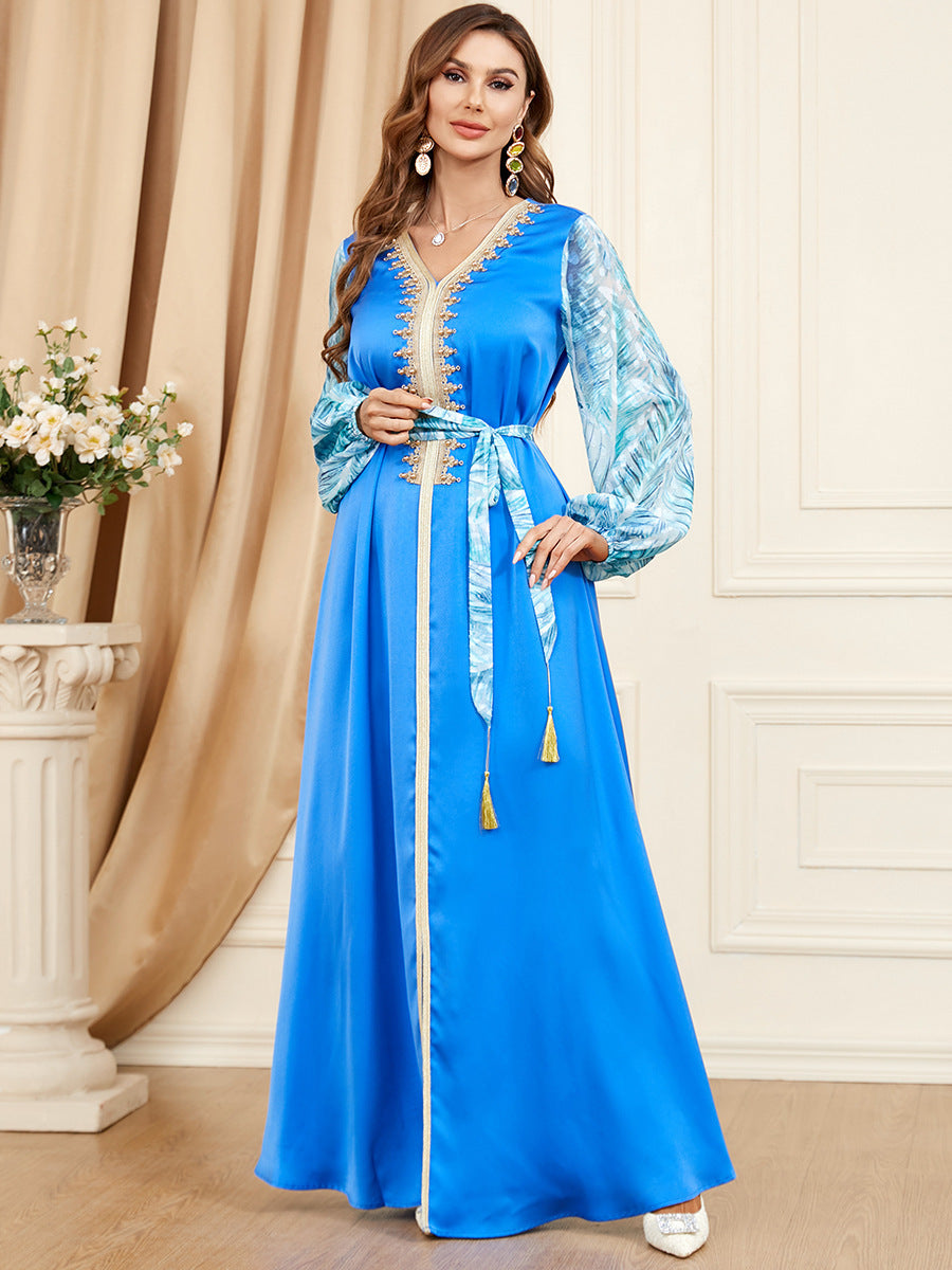 Patchwork Puff Long Sleeve Arabic Dress