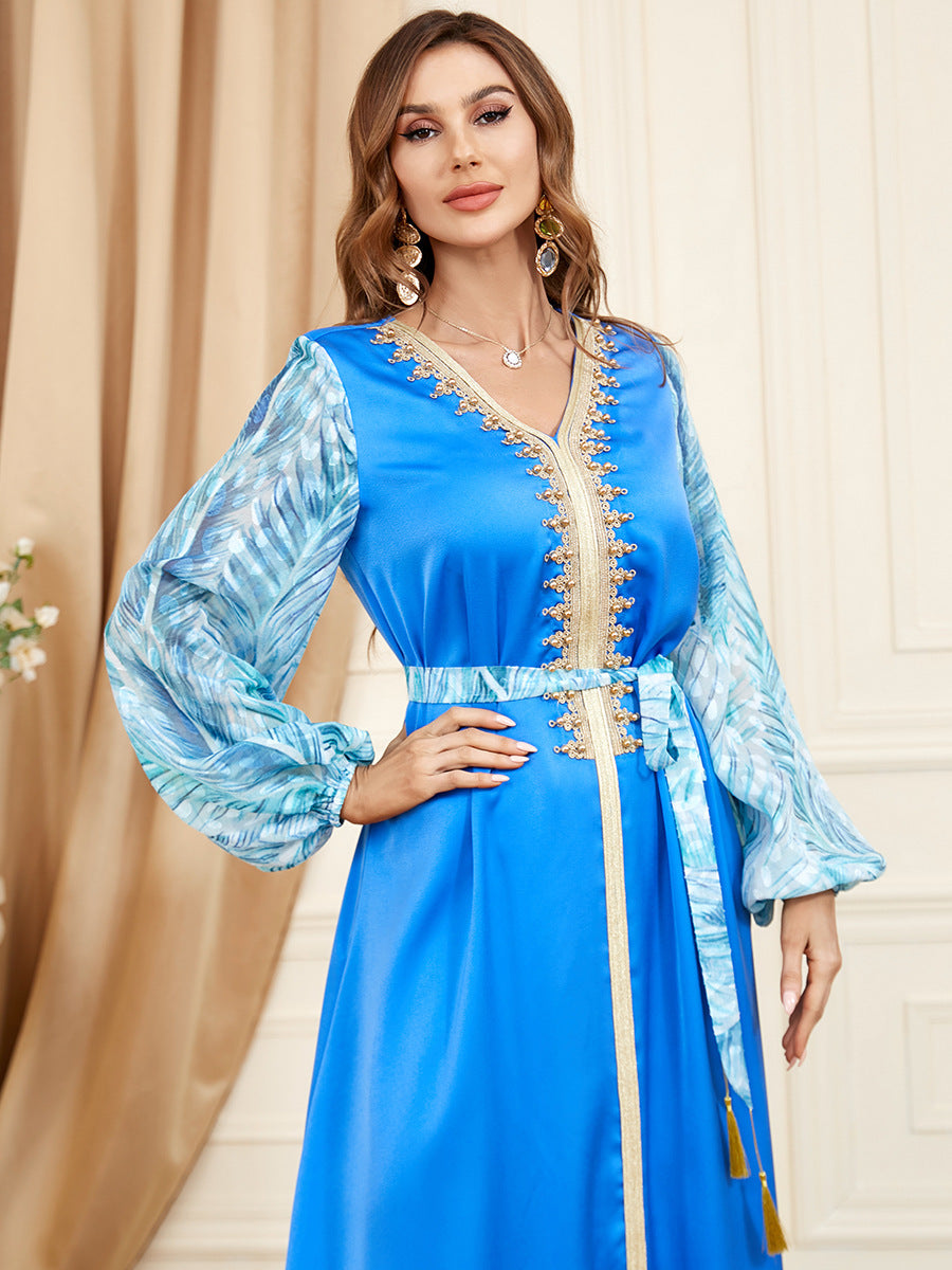 Patchwork Puff Long Sleeve Arabic Dress