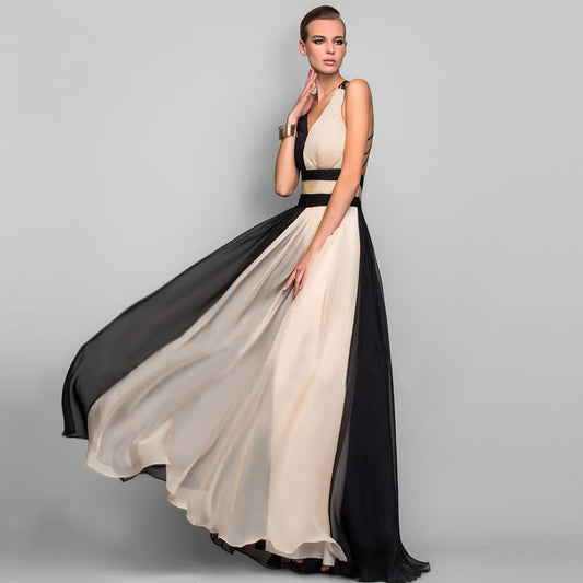 V-neck backless color dress skirt long dress