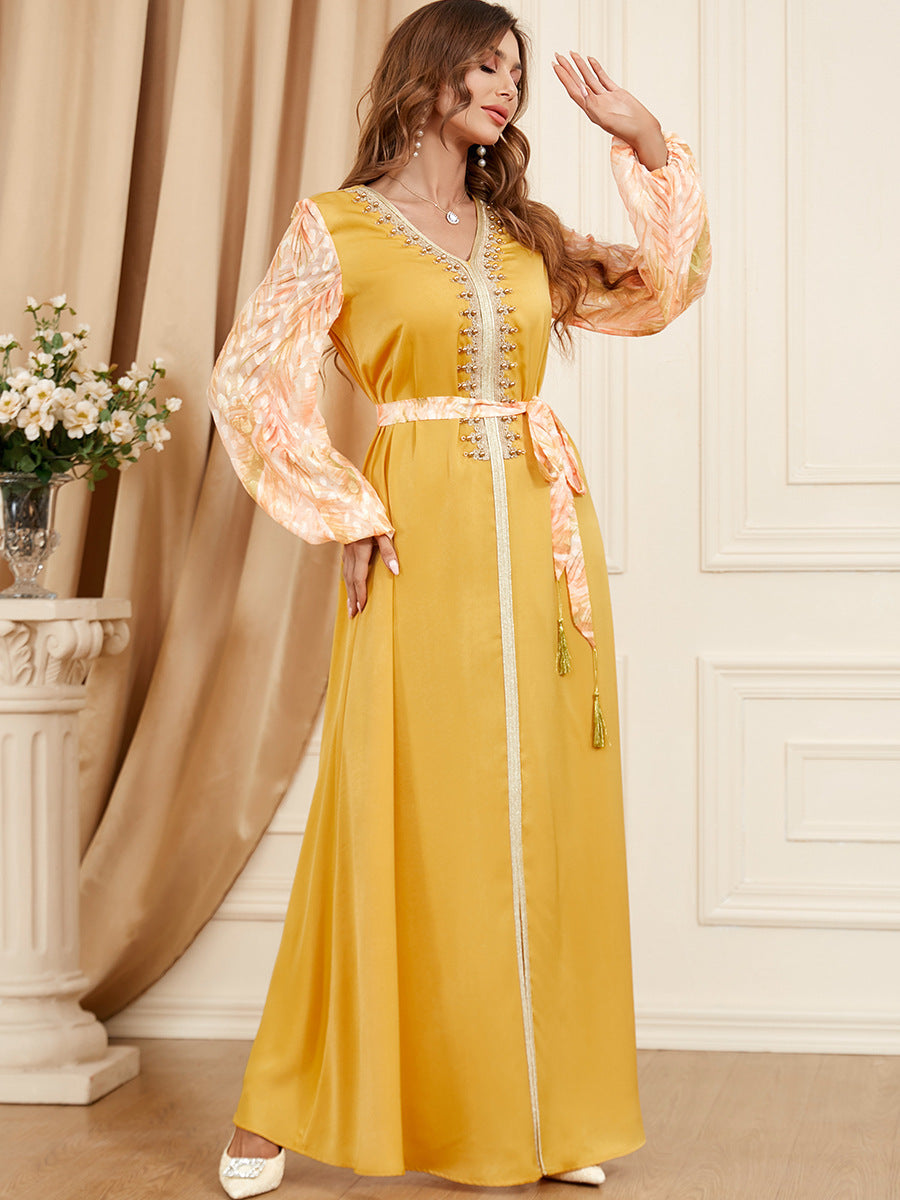 Patchwork Puff Long Sleeve Arabic Dress