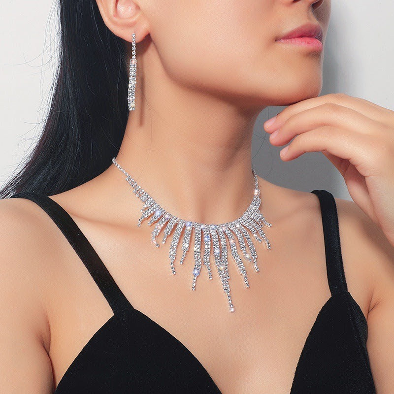 Rhinestone Necklace Earrings Elegant Set