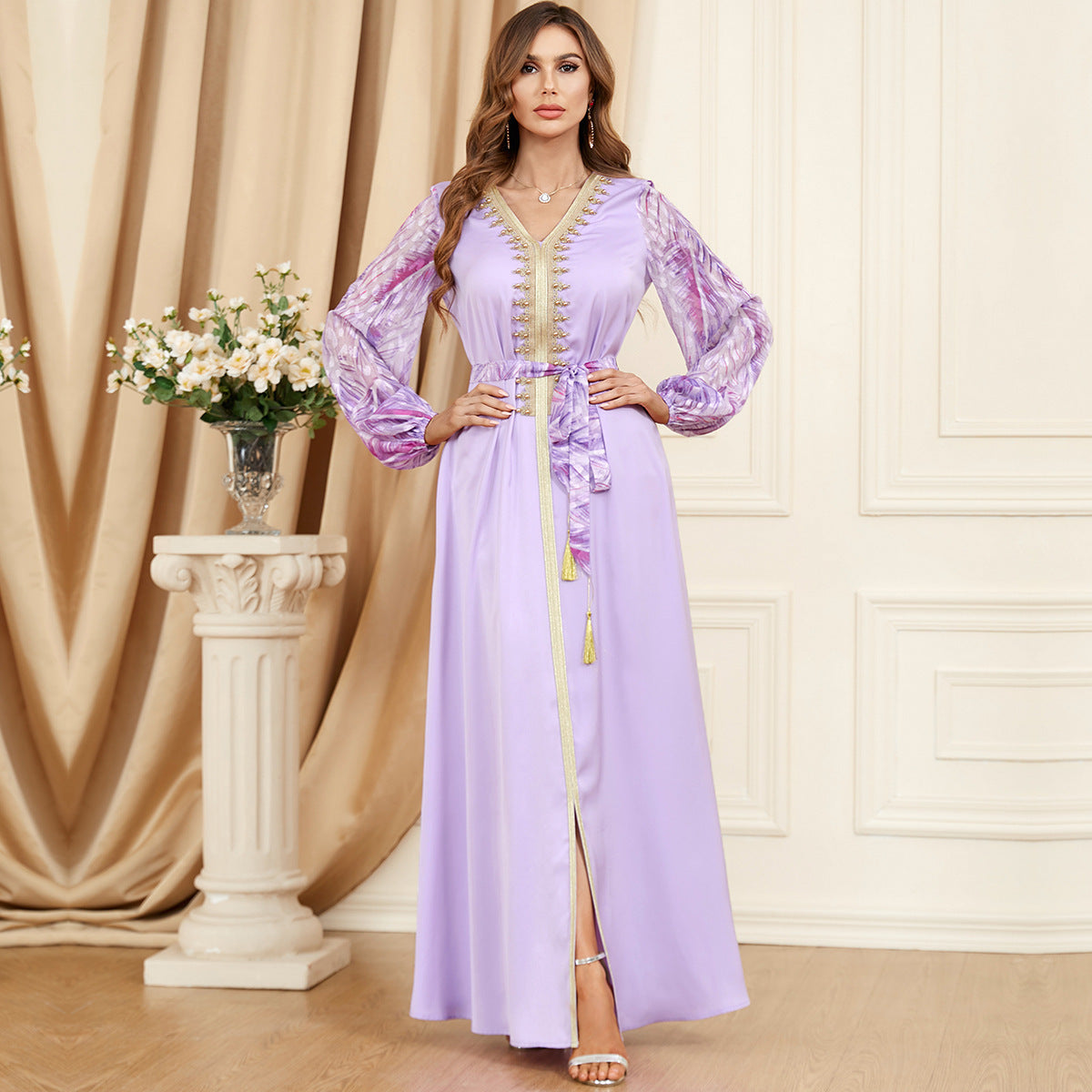 Patchwork Puff Long Sleeve Arabic Dress