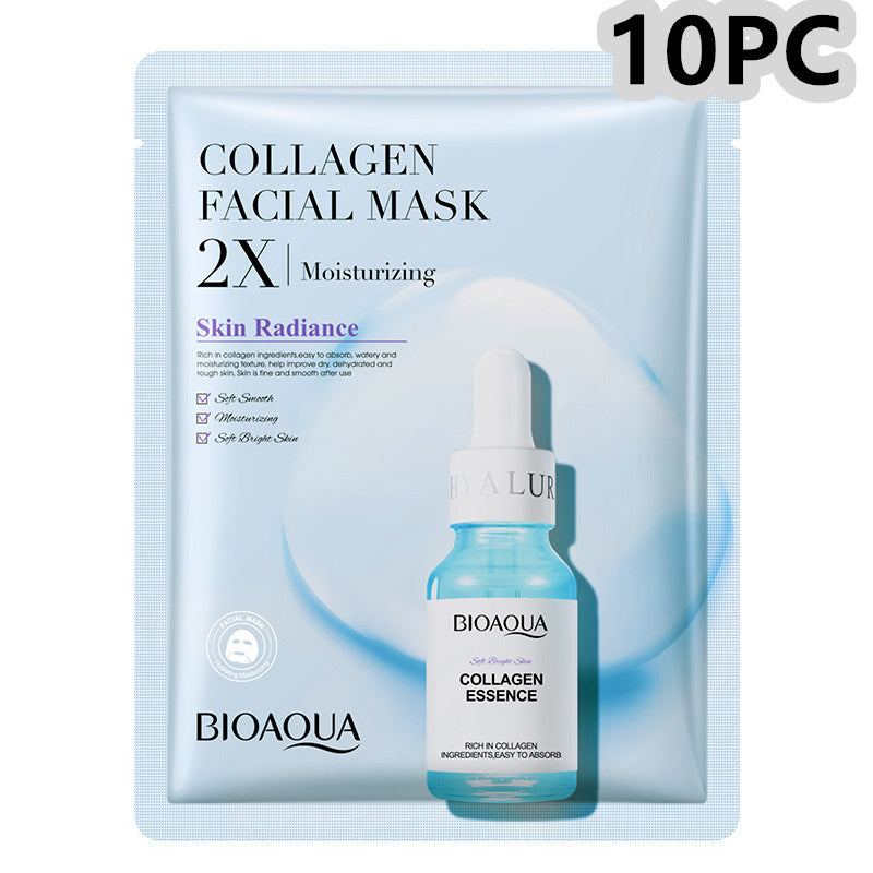 BioAqua Collagen Face Mask with moisturizing essence for radiant skin, pack of 10