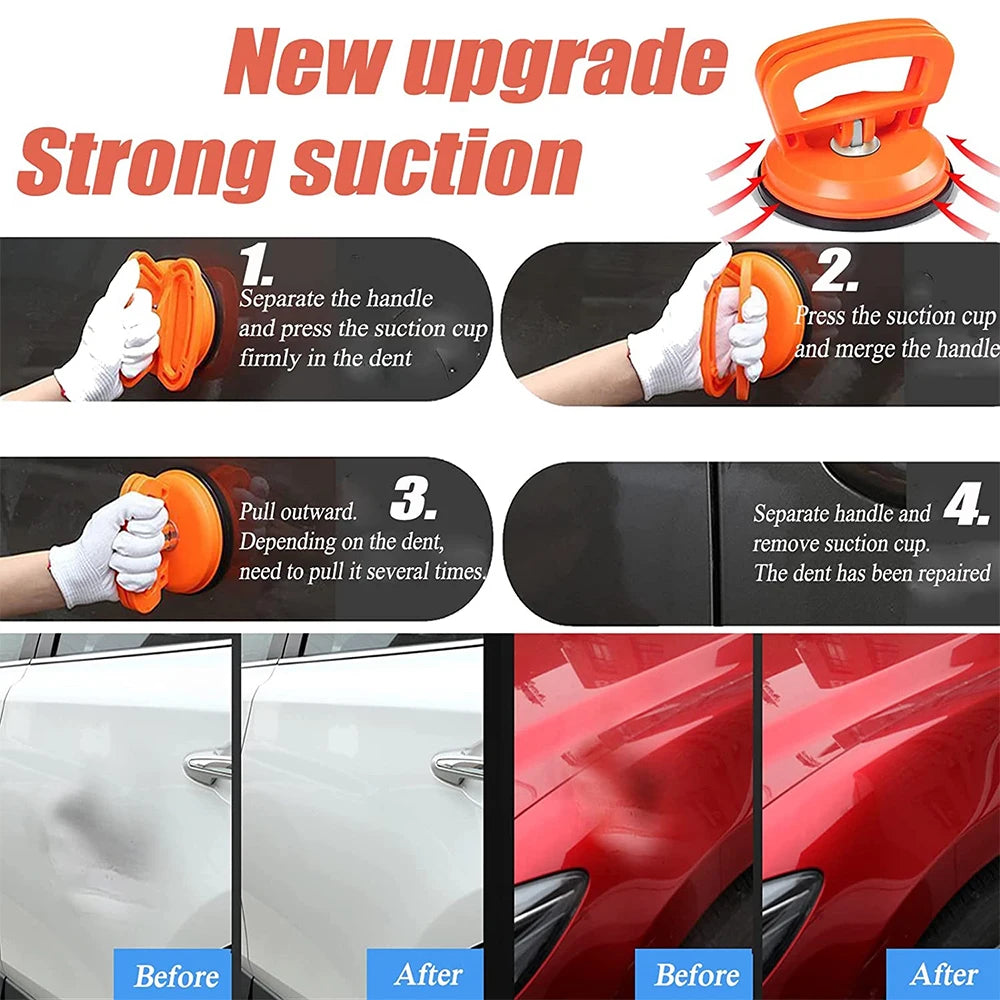 Car dent repair suction cup tool demonstrating strong suction for easy dent removal on vehicles