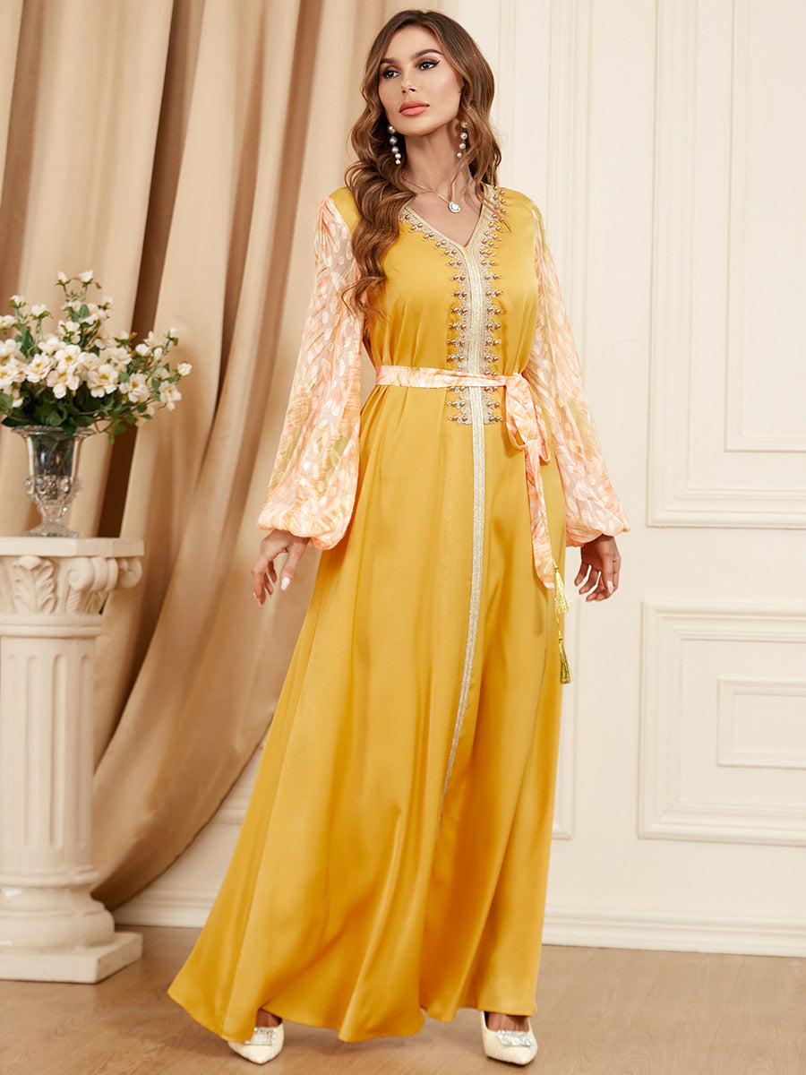Patchwork Puff Long Sleeve Arabic Dress