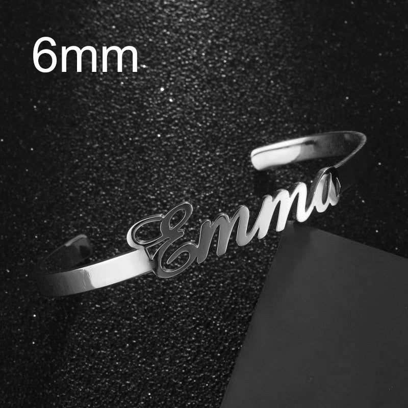 Custom name bracelet featuring the name Emma in elegant script on a sleek metal band