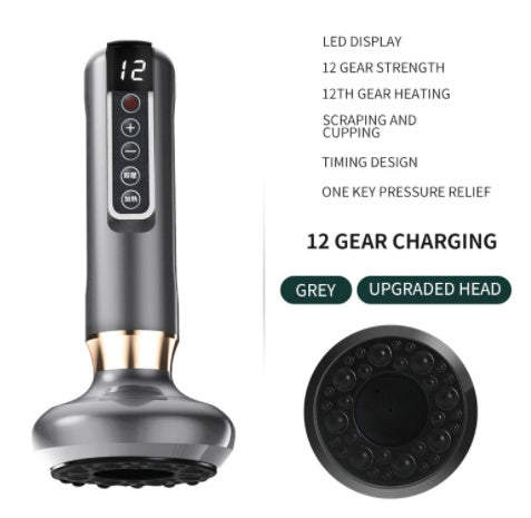 Electric vacuum cupping massager with LED display and 12 gear strength settings in grey