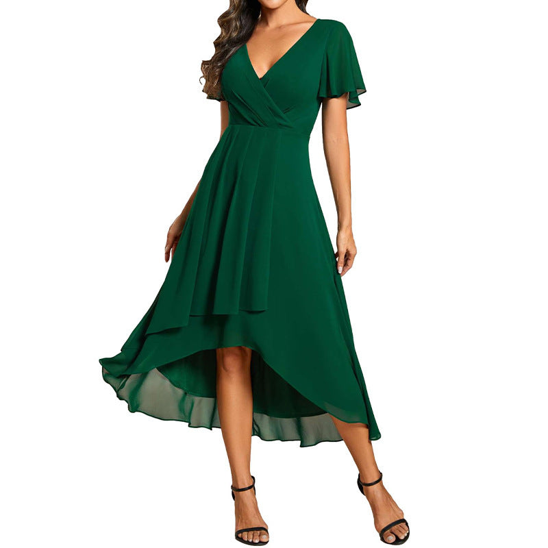 Elegant chiffon dress for women in green with a flowy asymmetric hem and short sleeves