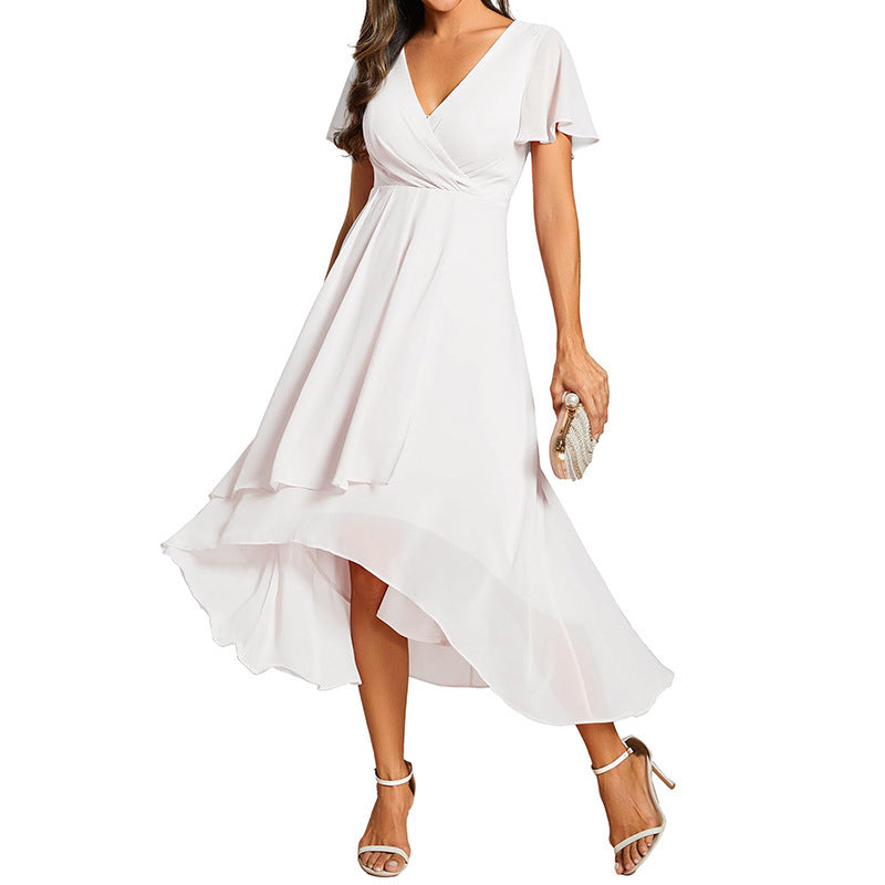 Elegant chiffon dress for women in soft pink with flutter sleeves and a flowing hemline