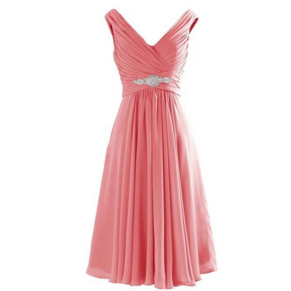 Youbuyforme elegant evening dress online in soft pink with a flattering V-neck and embellished waist