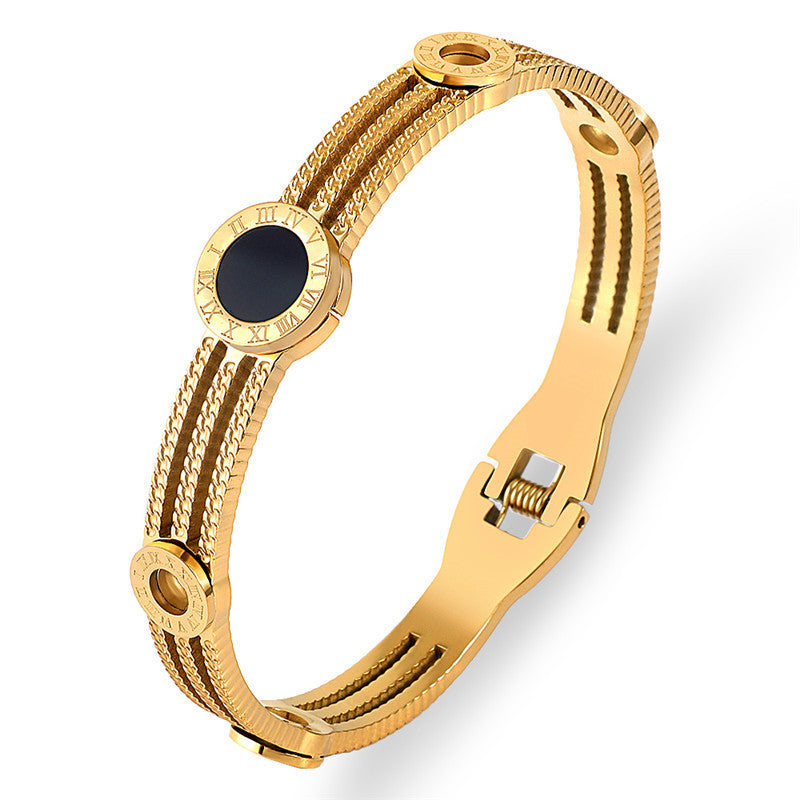 Elegant gold steel bracelet with Roman numerals, perfect for fashionable steel bracelets online