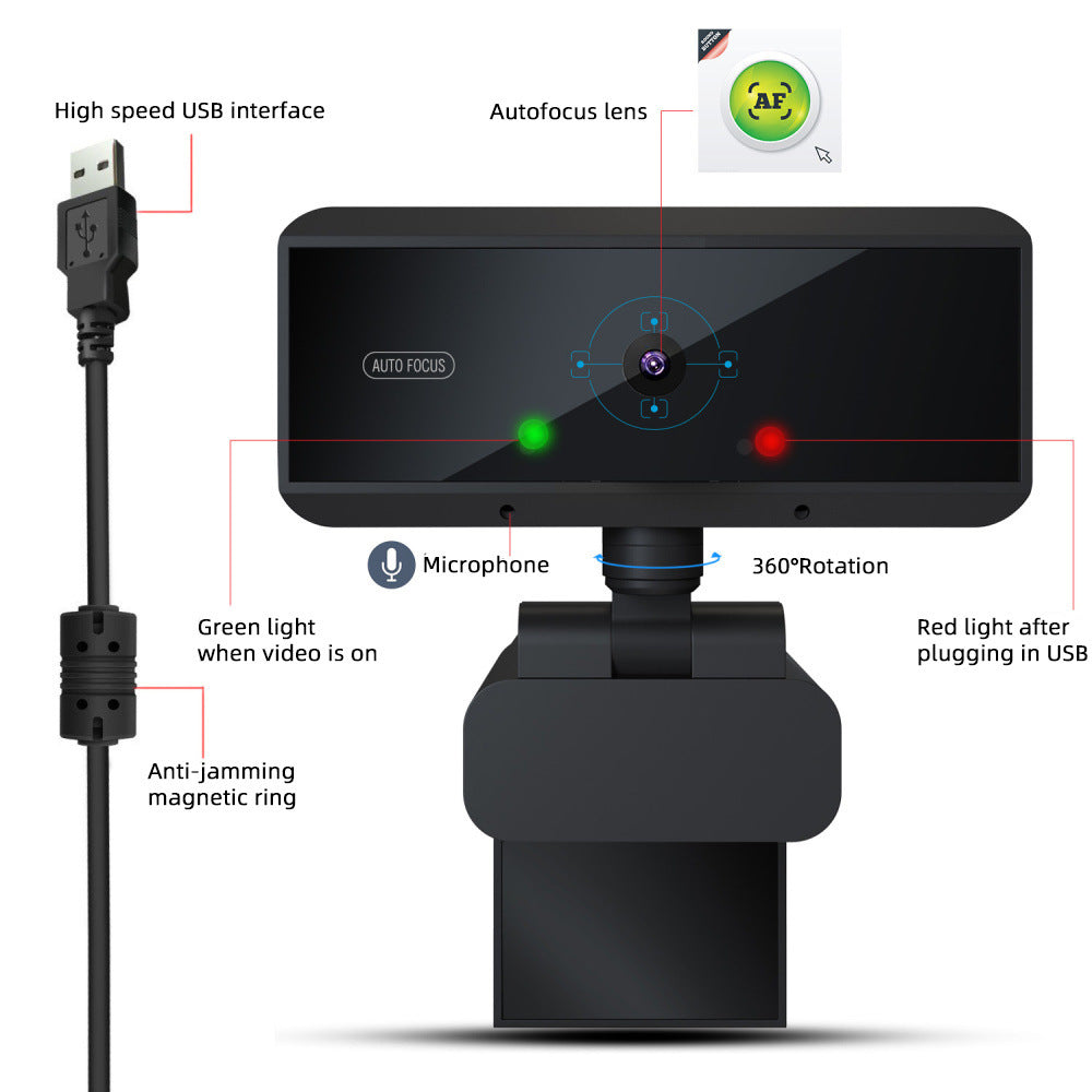 High-quality computer webcam with autofocus lens and microphone features for clear video calls