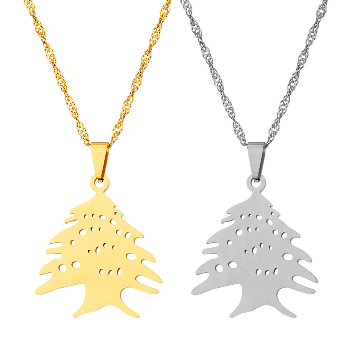Gold and silver Christmas tree pendant necklaces with twisted chain by youbuyforme