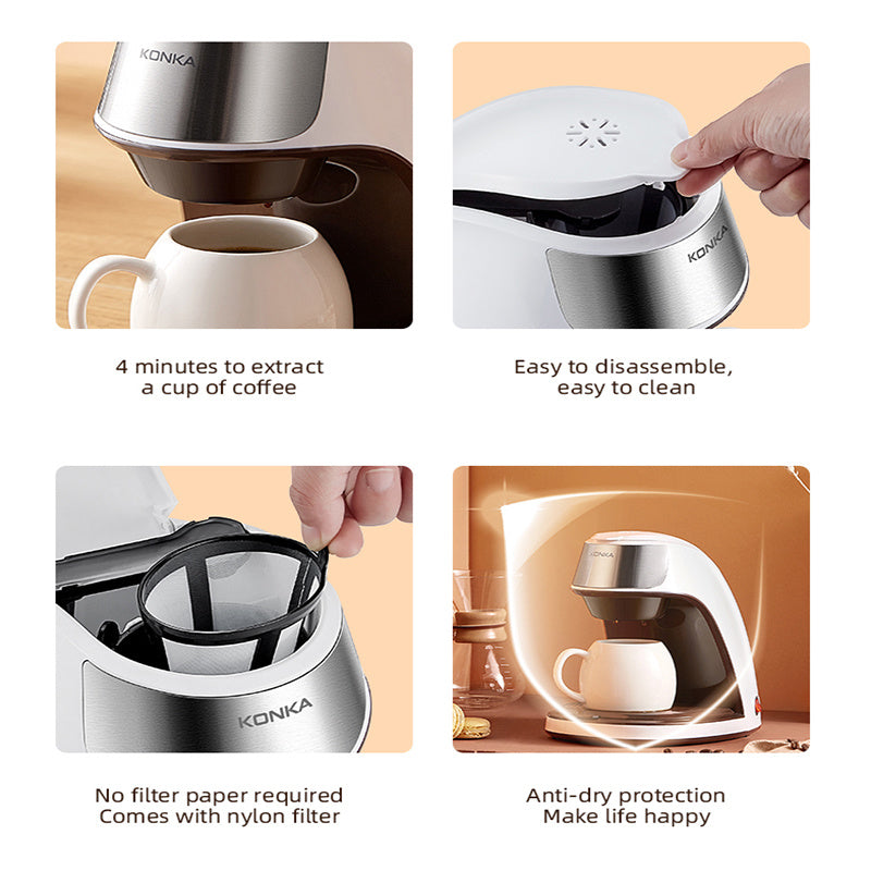 KONKA automatic coffee maker machine with easy cleaning, nylon filter, and anti-dry protection feature