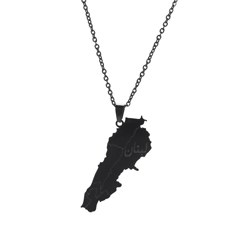Elegant Lebanon map necklace in black with intricate detailing, perfect for proud Lebanese wearers