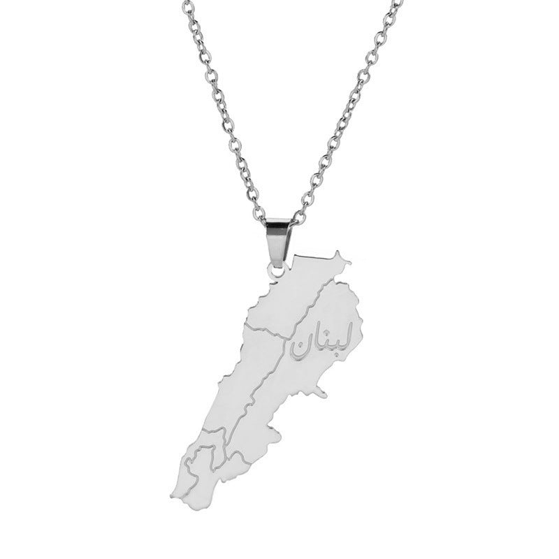 Elegant Lebanon map necklace in silver, showcasing detailed country outline with Arabic text