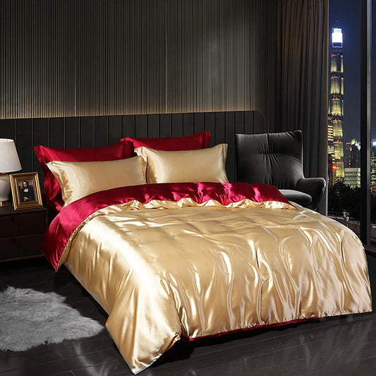 Luxury satin bedding set in gold and red, enhancing the elegance of any indoor bedroom decor