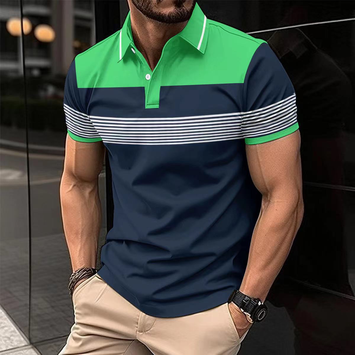 Men's casual V-neck polo in navy and green with striped design and short sleeves