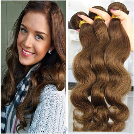 Wavy real human hair extensions in shades of brown, displayed next to a model showcasing beautiful hairstyles