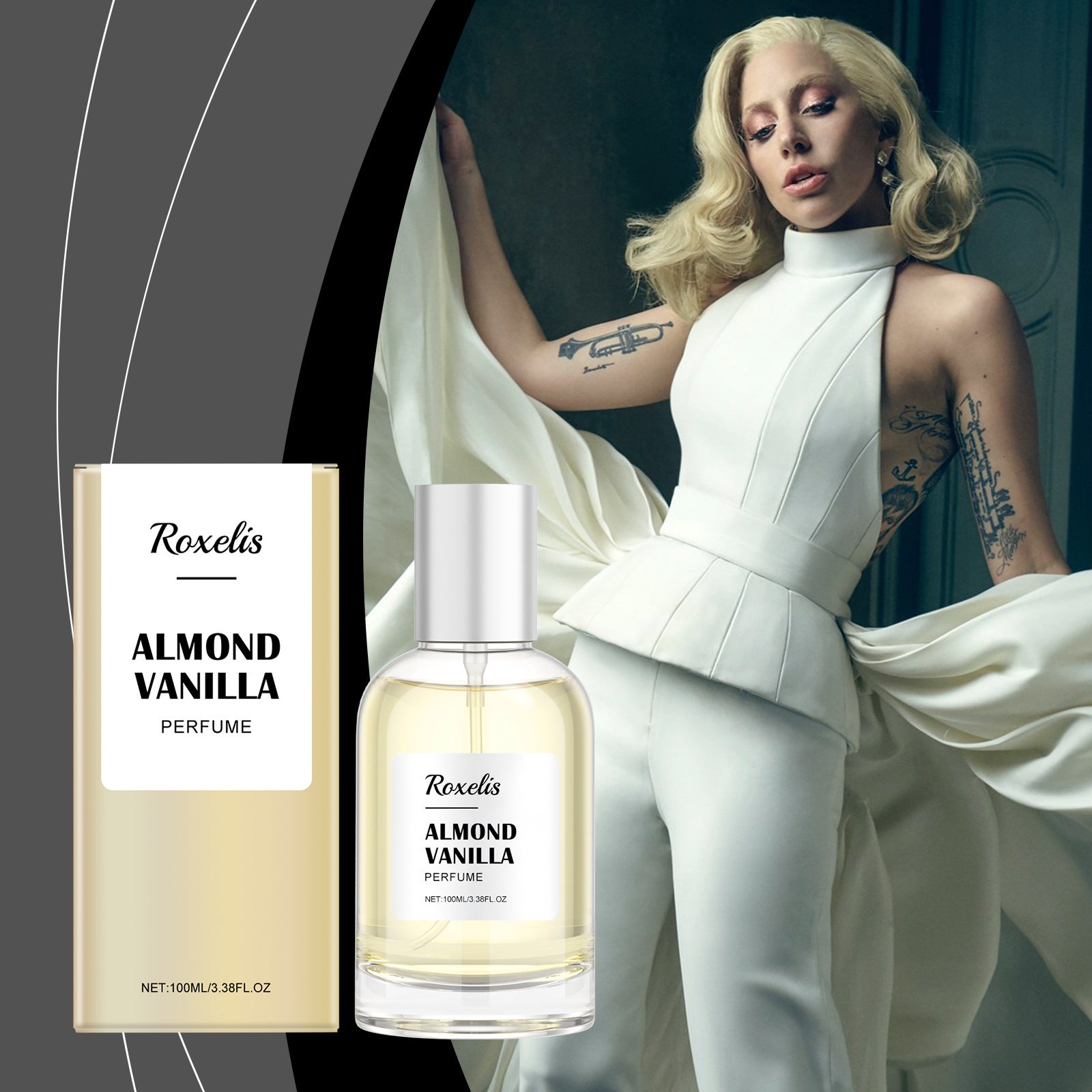 Roxeliss Almond Vanilla Perfume in a sleek bottle as the best vanilla perfume online displayed with elegant model