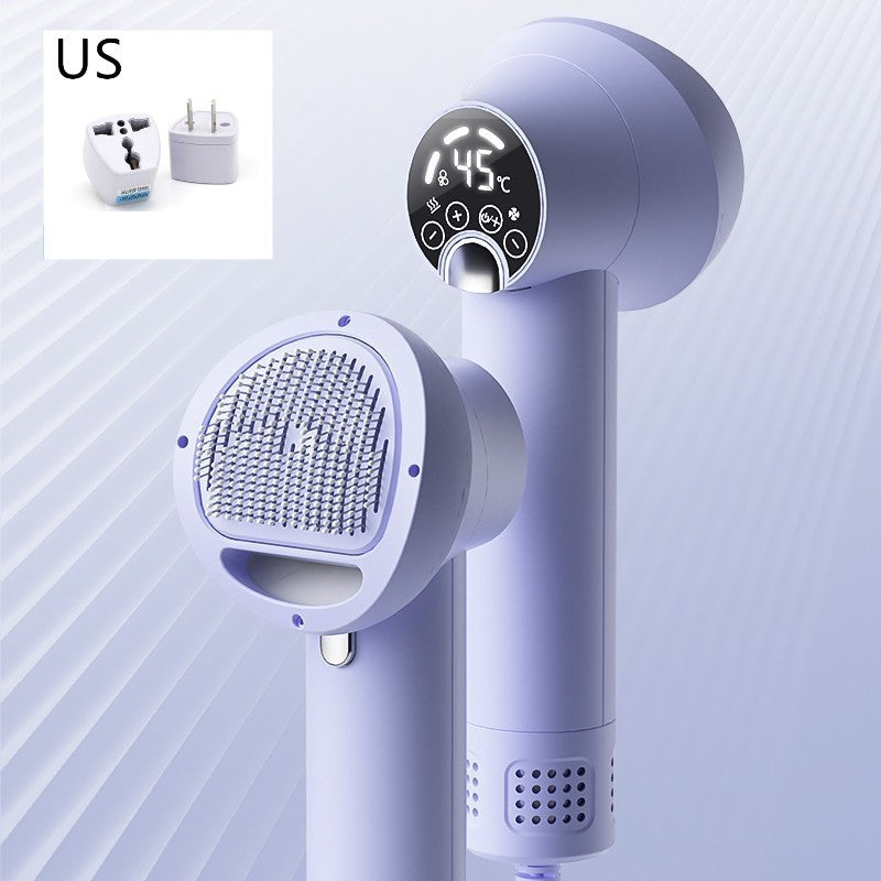 Smart pet hair dryer in purple with digital display for quick drying and grooming pets