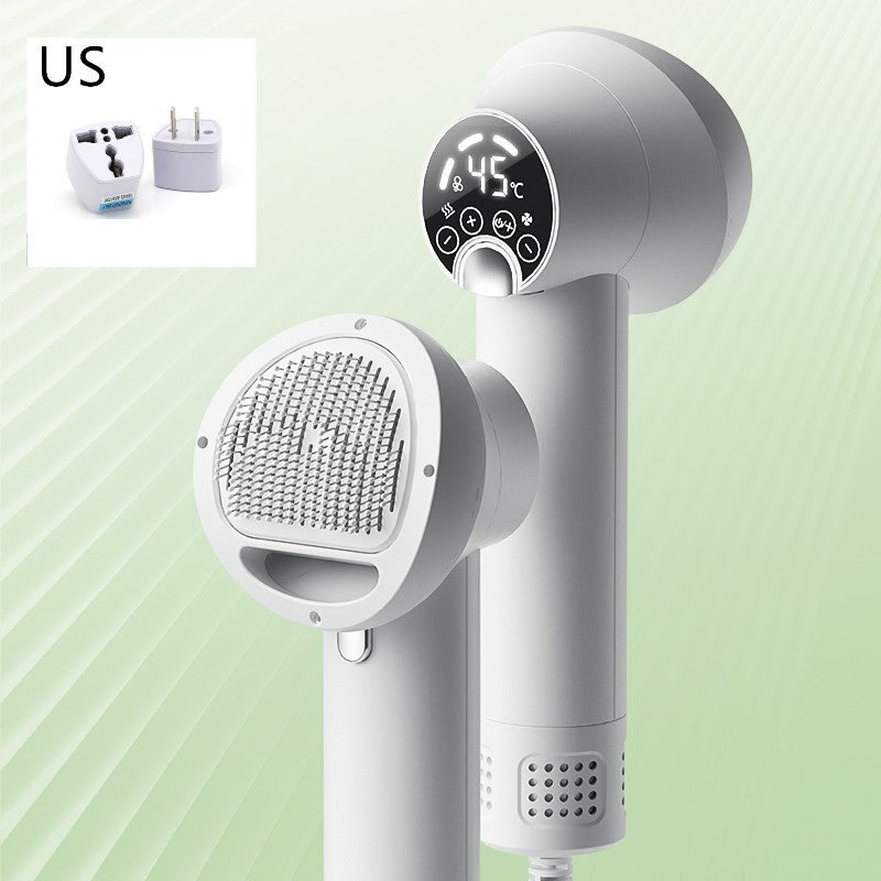 Smart pet hair dryer in white with adjustable temperature settings for quick drying of pets