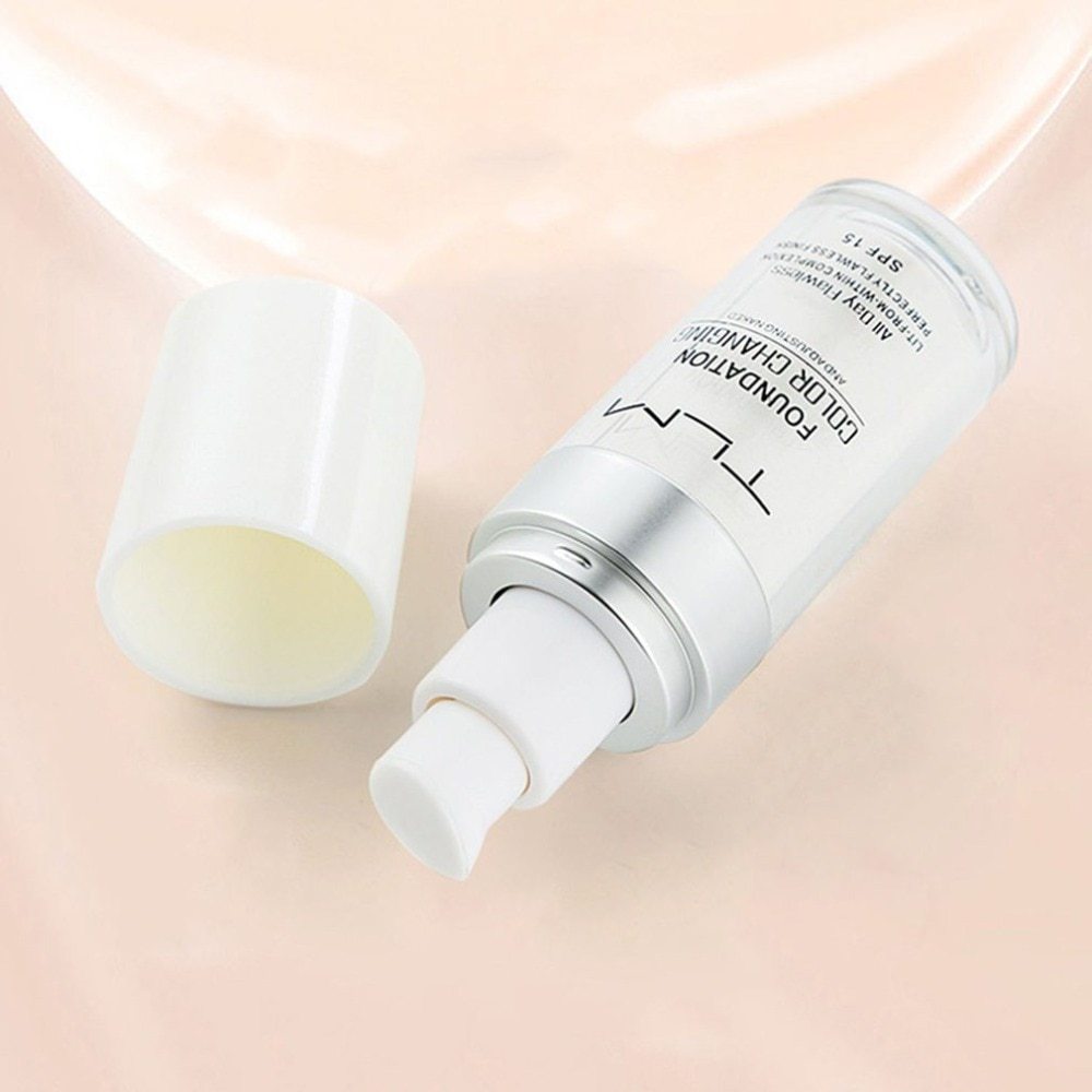 TLM Foundation color changing formula in a sleek pump bottle for customizable skin tone matching
