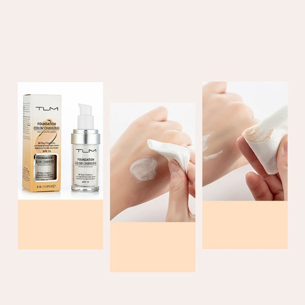 TLM Foundation color changing in a clear bottle with pump, demonstrating application on hand